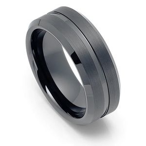 Men’s Tungsten Carbide Wedding Band Ring – Brushed Black Polished Edges, Size 9